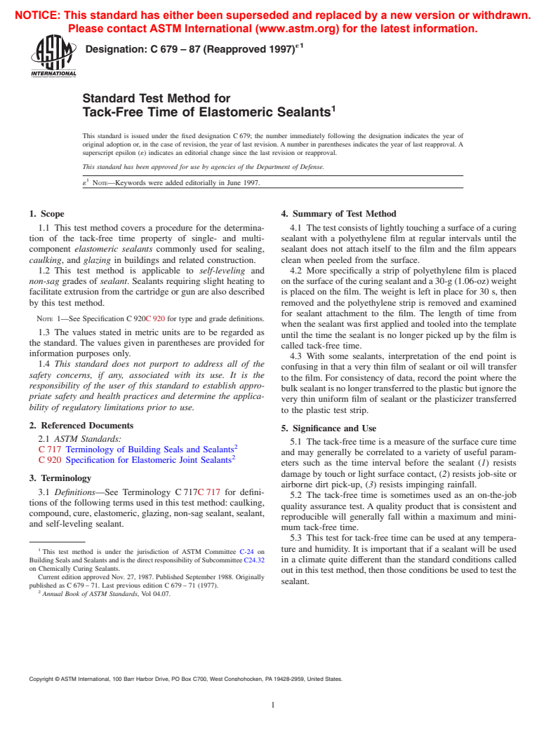 ASTM C679-87(1997)e1 - Standard Test Method for Tack-Free Time of Elastomeric Sealants