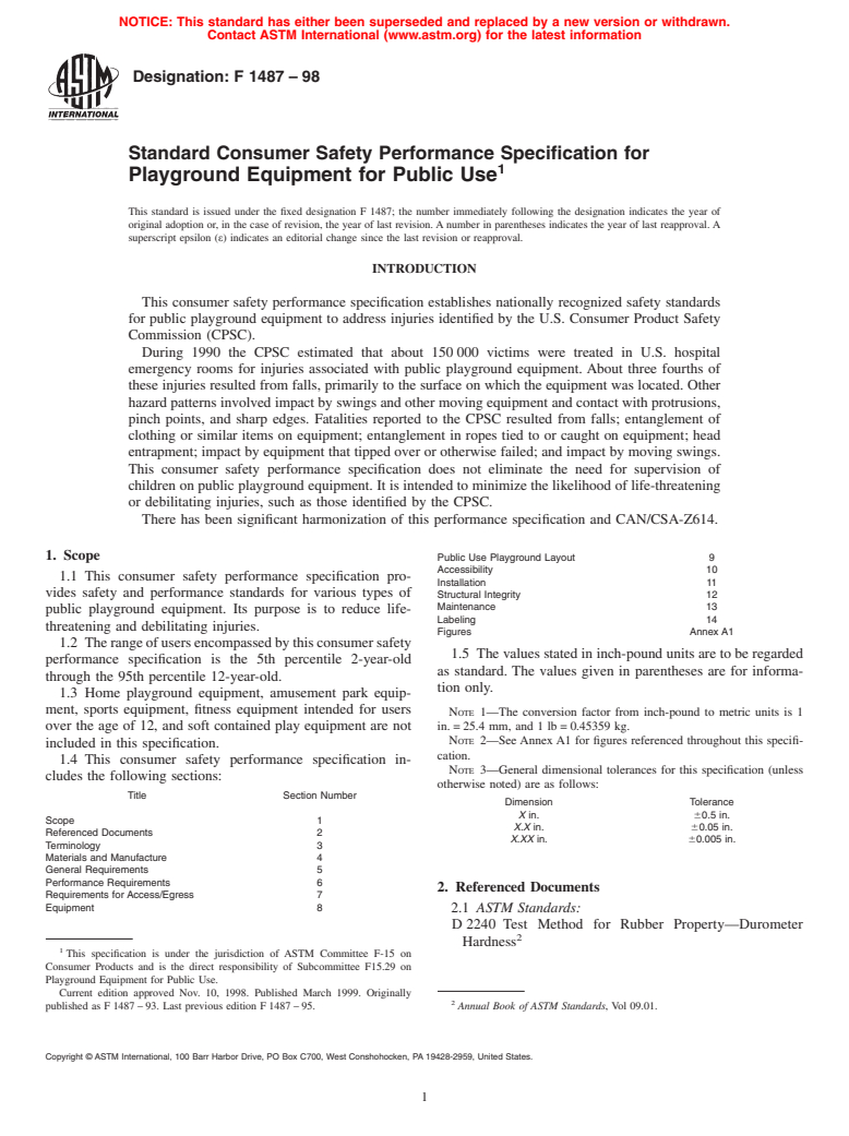 ASTM F1487-98 - Standard Consumer Safety Performance Specification for Playground Equipment for Public Use