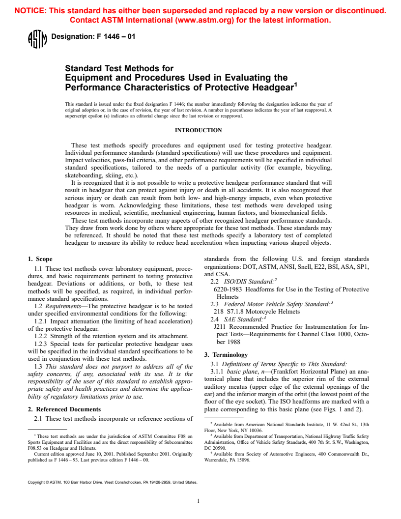 ASTM F1446-01 - Standard Test Methods for Equipment and Procedures Used in Evaluating the Performance Characteristics of Protective Headgear