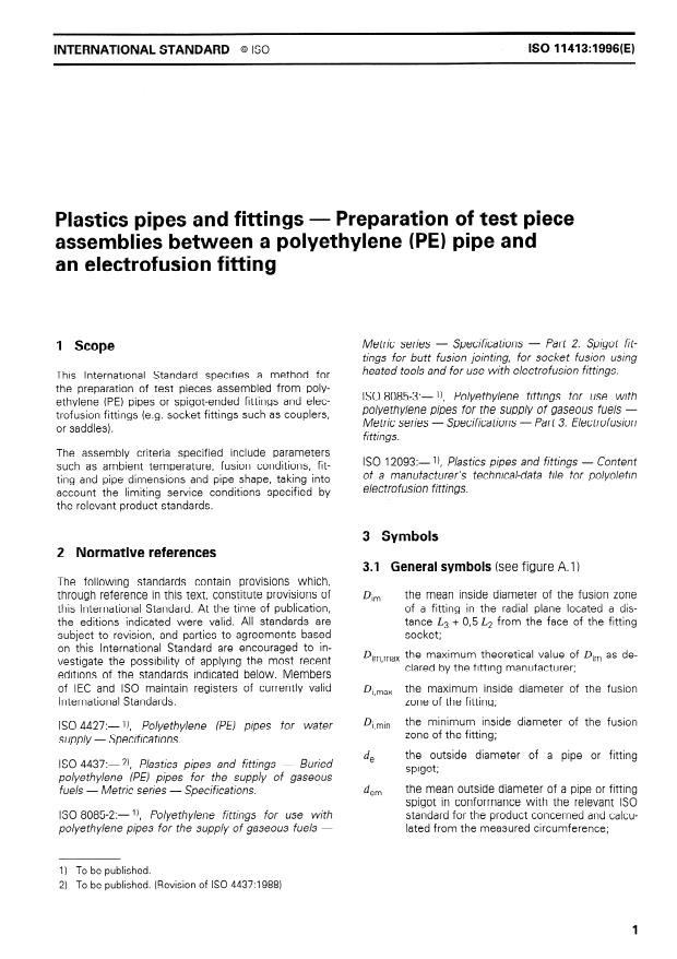 ISO 11413:1996 - Plastics pipes and fittings -- Preparation of test piece assemblies between a polyethylene (PE) pipe and an electrofusion fitting