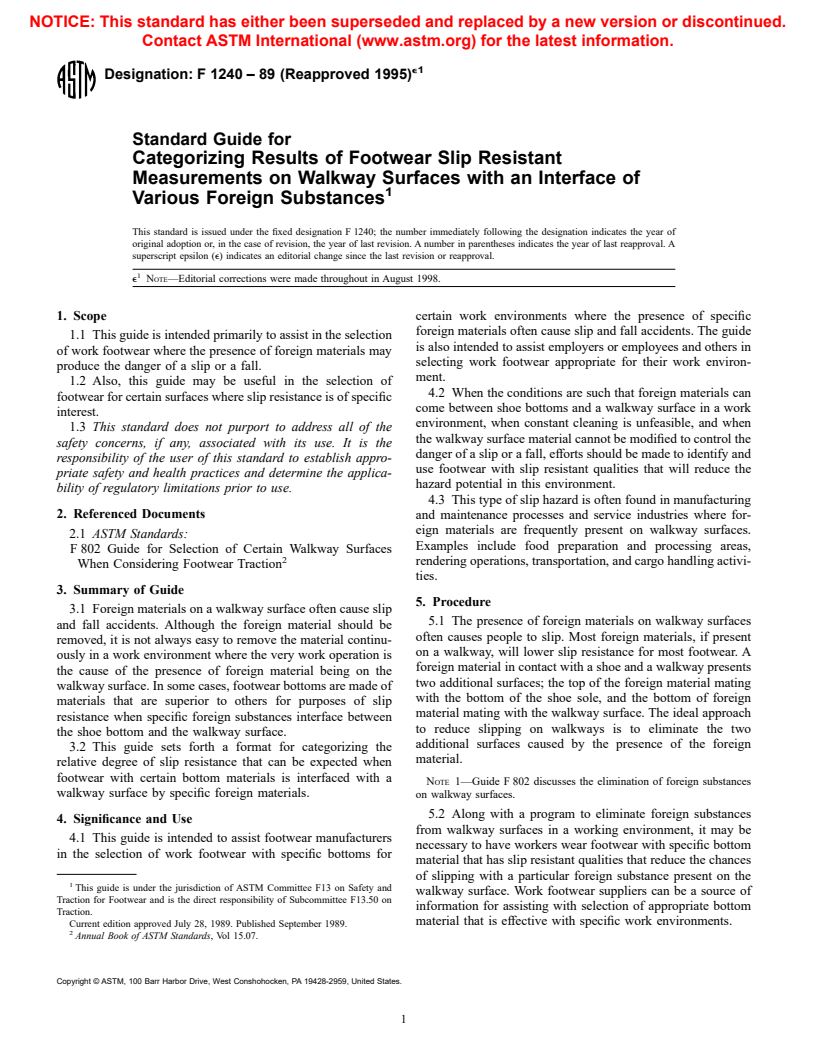 ASTM F1240-89(1995)e1 - Standard Guide for Ranking Footwear Bottom Materials on Contaminated Walkway Surfaces According to Slip Resistance Test Results