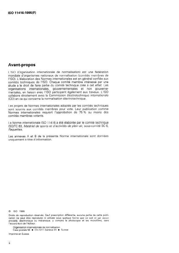 ISO 11416:1995 ISO 11416:1995 - Raquettes de tennis -- Composants d'une raquette et parametres physiques - Page 2 preview