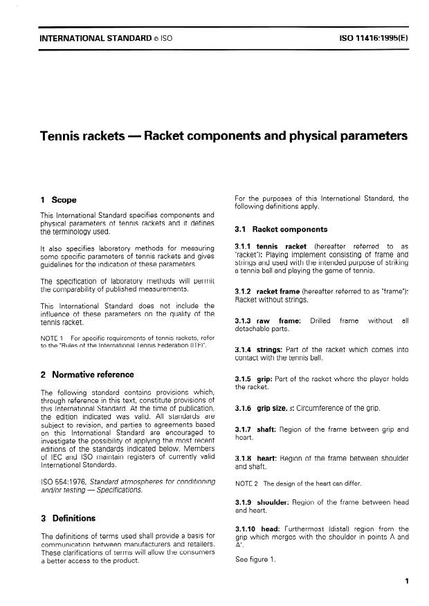 ISO 11416:1995 - Tennis rackets -- Racket components and physical parameters