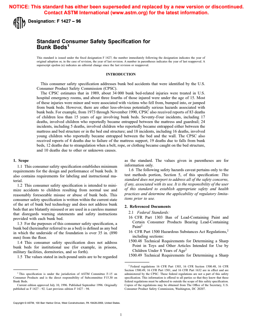 ASTM F1427-96 - Standard Consumer Safety Specification for Bunk Beds