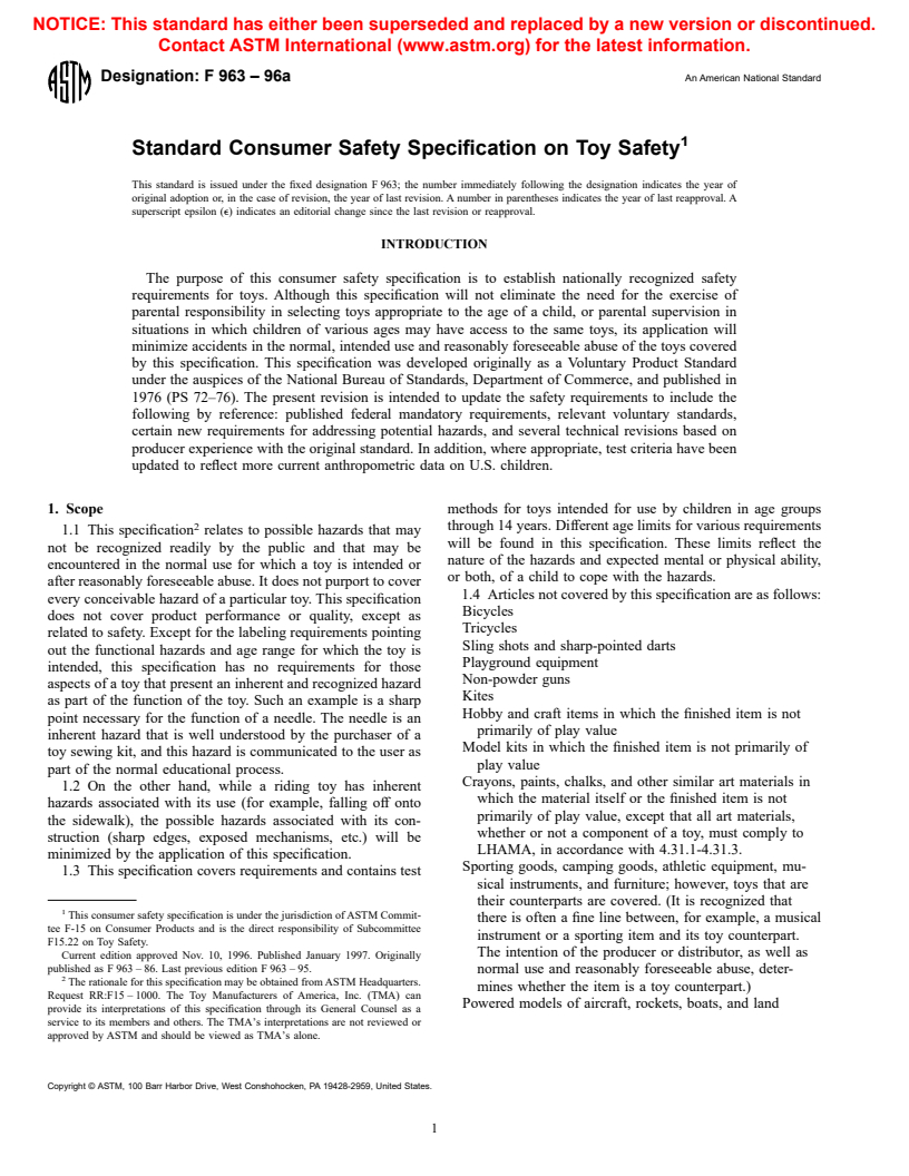 ASTM F963-96a - Standard Consumer Safety Specification on Toy Safety