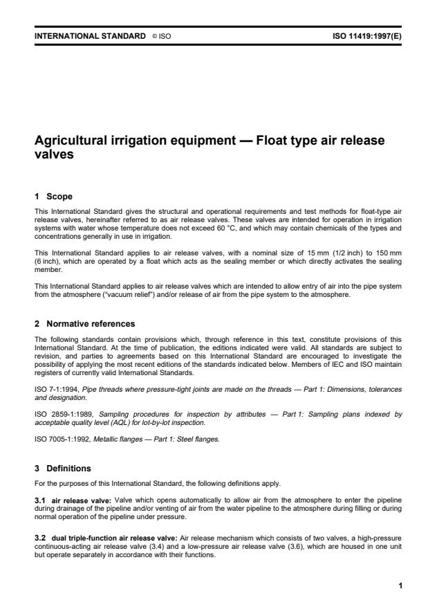 ISO 11419:1997 - Agricultural irrigation equipment -- Float type air release valves