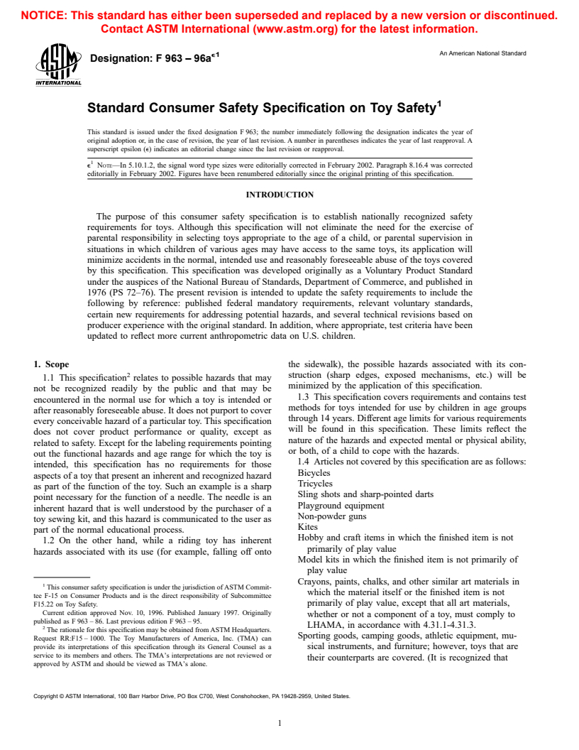 ASTM F963-96ae1 - Standard Consumer Safety Specification on Toy Safety