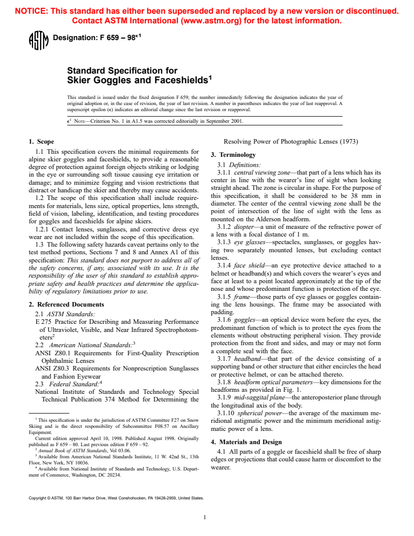 ASTM F659-98 - Standard Specification for Skier Goggles and Faceshields