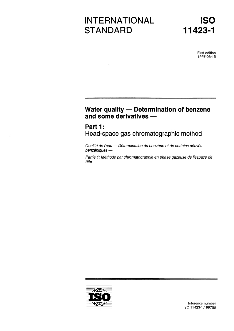 ISO 11423-1:1997 - Water quality — Determination of benzene and some derivatives — Part 1: Head-space gas chromatographic method
Released:5. 06. 1997