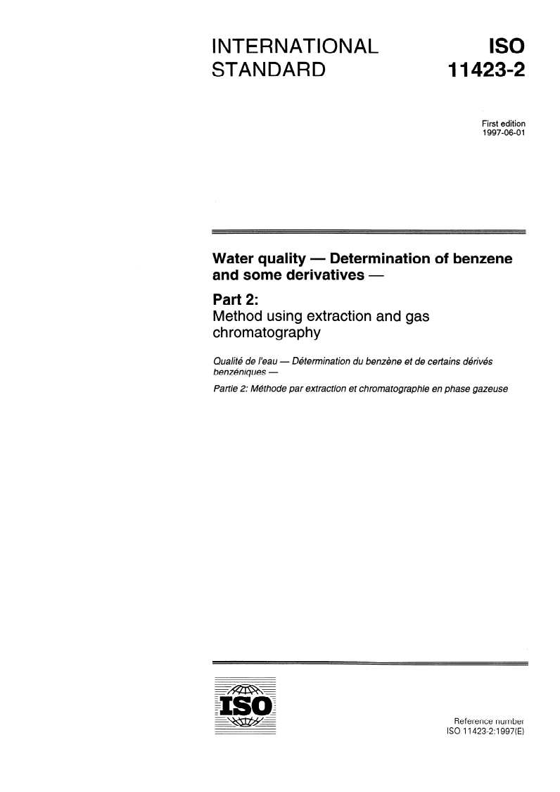 ISO 11423-2:1997 - Water quality — Determination of benzene and some derivatives — Part 2: Method using extraction and gas chromatography
Released:5. 06. 1997