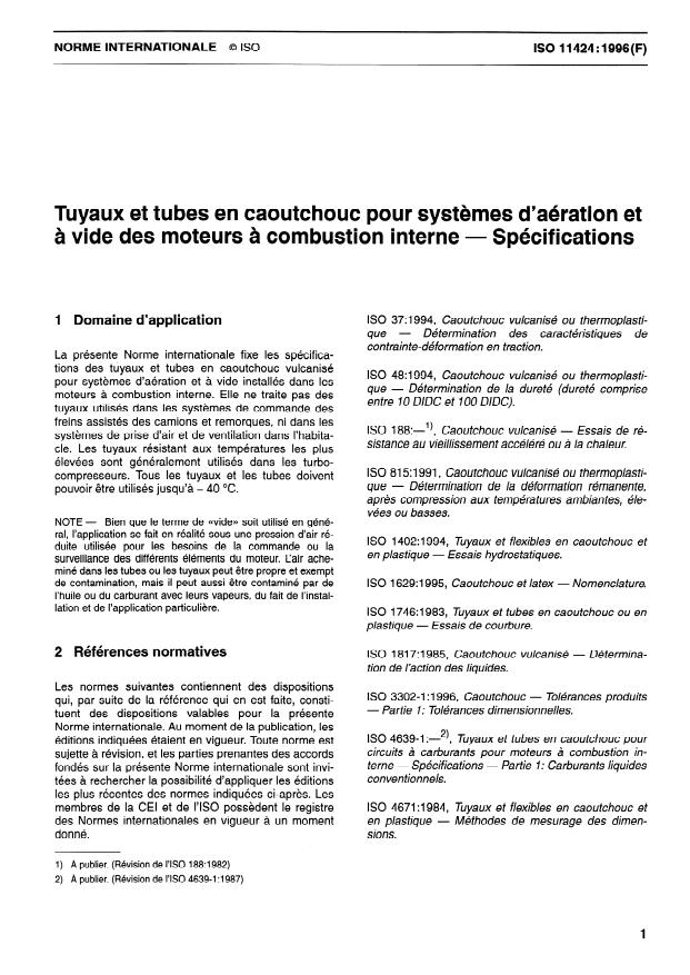 ISO 11424:1996 - Tuyaux et tubes en caoutchouc pour systemes d'aération et a vide des moteurs a combustion interne -- Spécifications