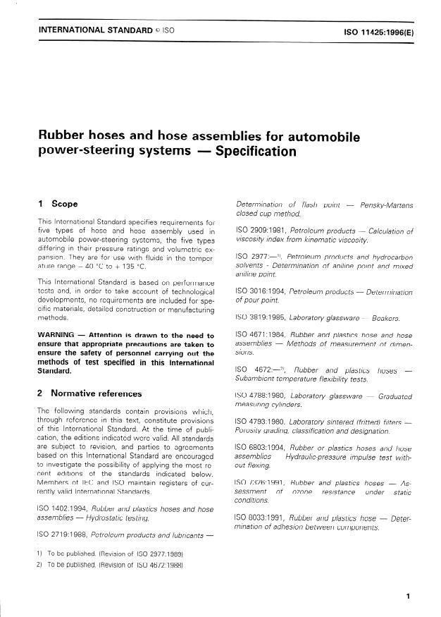 ISO 11425:1996 - Rubber hoses and hose assemblies for automobile power-steering systems -- Specification