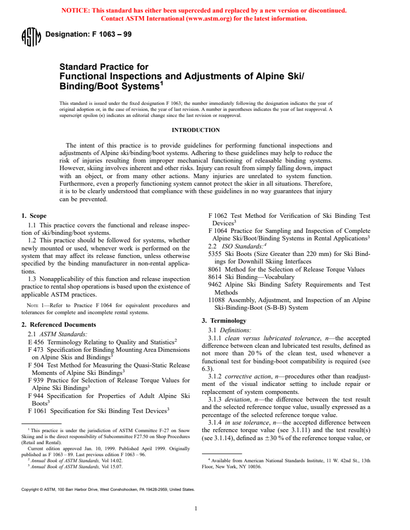 ASTM F1063-99 - Standard Practice for Functional Inspections and Adjustments of Alpine Ski/Binding/Boot Systems