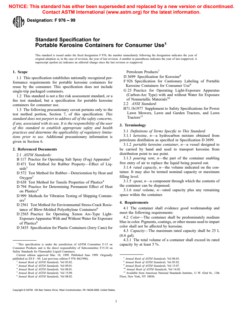 ASTM F976-99 - Standard Specification for Portable Kerosine Containers for Consumer Use