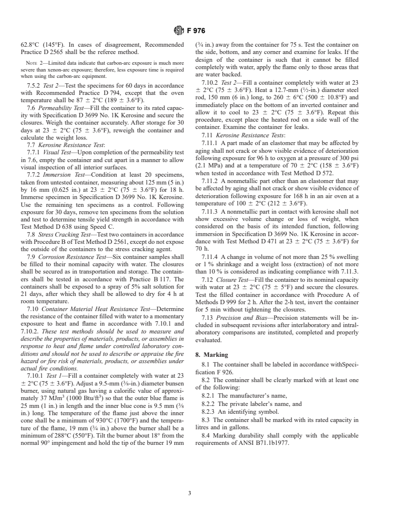 ASTM F976-99 - Standard Specification for Portable Kerosine Containers for Consumer Use