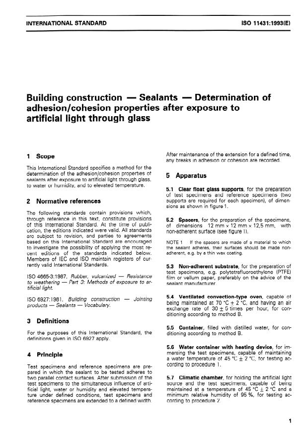 ISO 11431:1993 - Building construction -- Sealants -- Determination of adhesion/cohesion properties after exposure to artificial light through glass