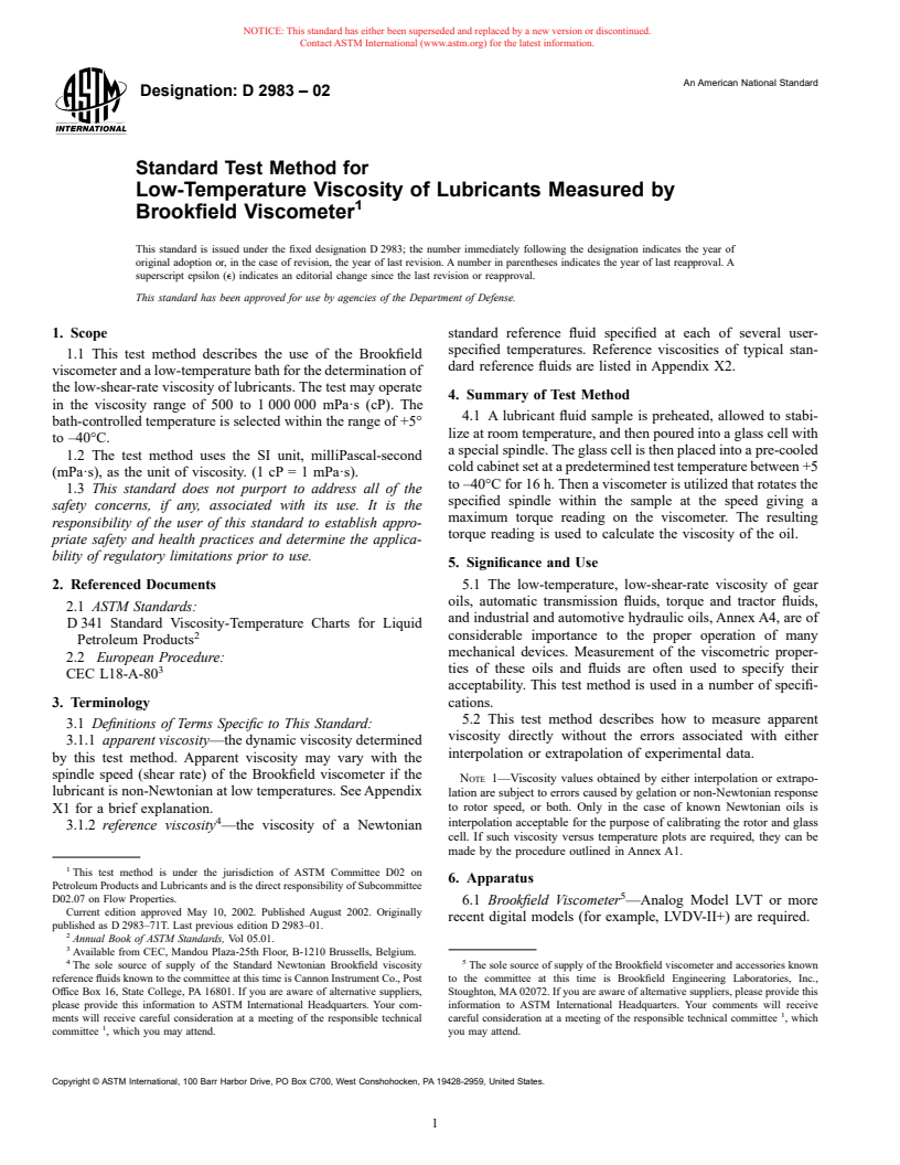 ASTM D2983-02 - Standard Test Method for Low-Temperature Viscosity of Lubricants Measured by Brookfield Viscometer