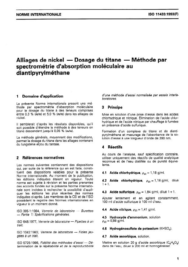 ISO 11433:1993 - Alliages de nickel -- Dosage du titane -- Méthode par spectrométrie d'absorption moléculaire au diantipyrylméthane