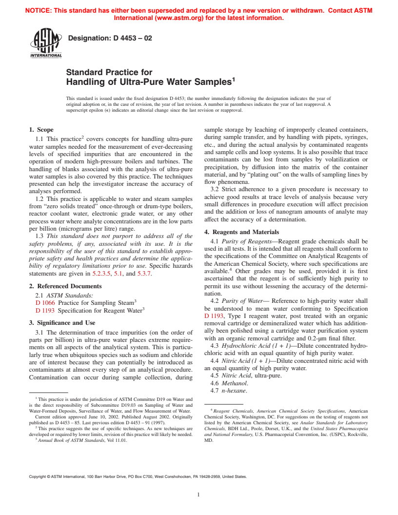 ASTM D4453-02 - Standard Practice for Handling of Ultra-Pure Water Samples