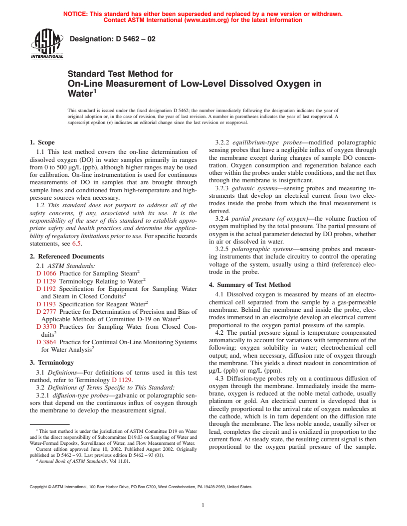 ASTM D5462-02 - Standard Test Method for On-Line Measurement of Low-Level Dissolved Oxygen in Water