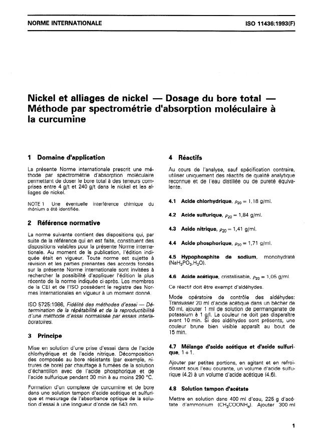 ISO 11436:1993 - Nickel et alliages de nickel -- Dosage du bore total -- Méthode par spectrométrie d'absorption moléculaire a la curcumine