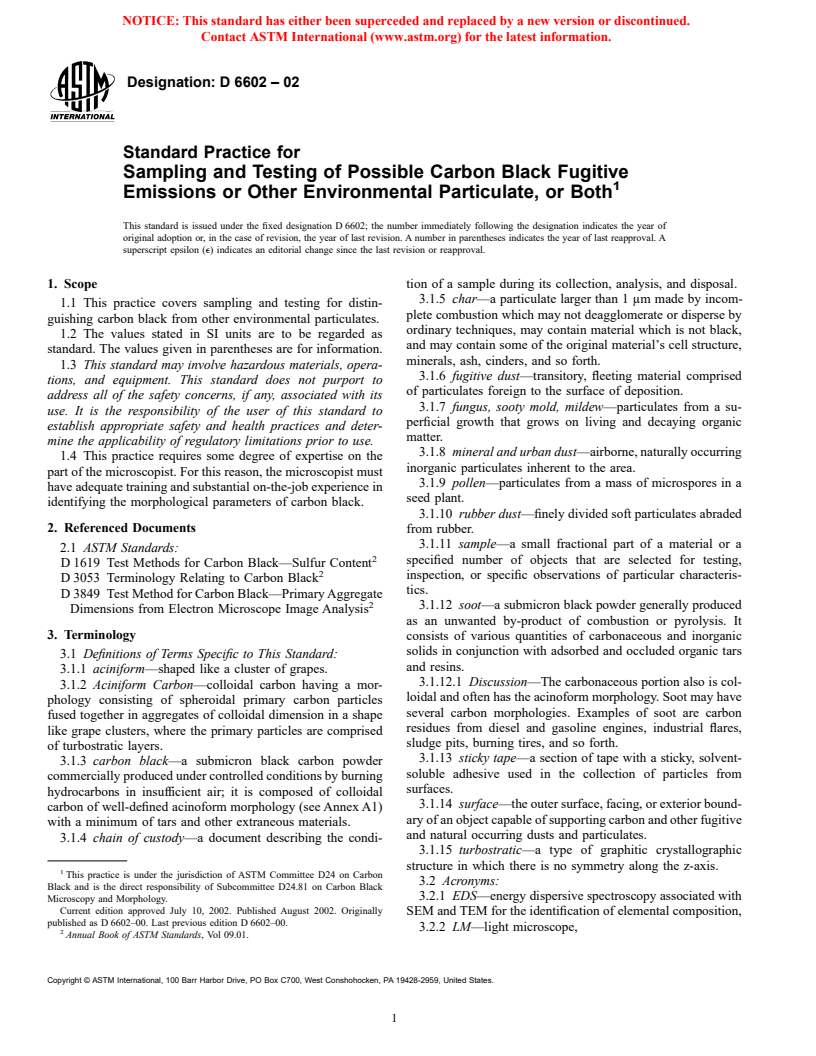 ASTM D6602-02 - Standard Practice for Sampling and Testing of Possible Carbon Black Fugitive Emissions or Other Environmental Particulate, or Both