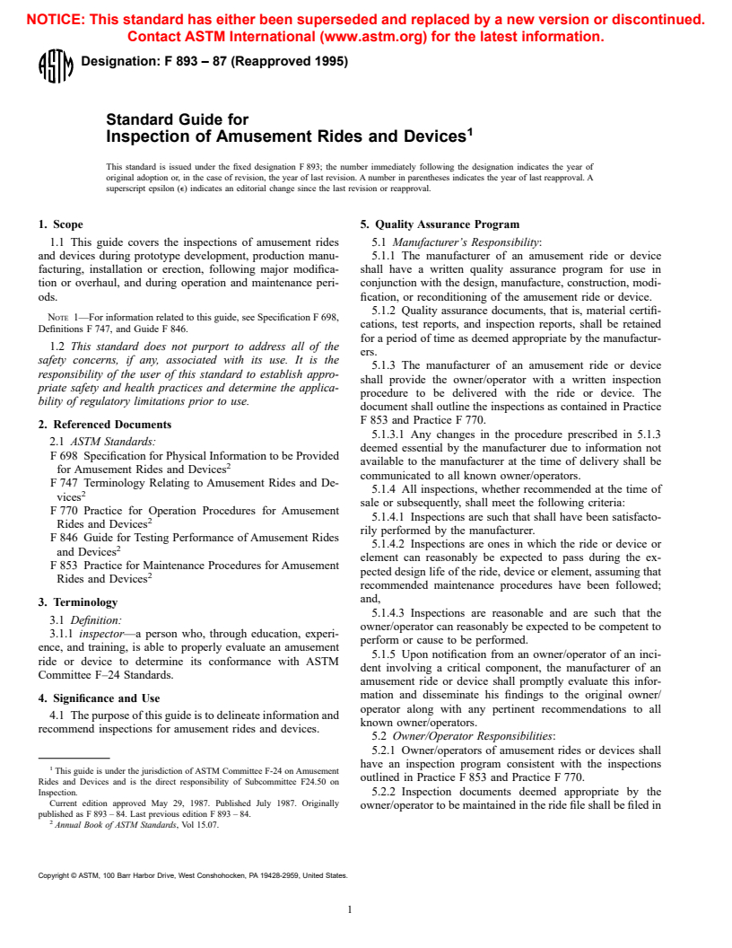 ASTM F893-87(1995) - Standard Guide for Inspection of Amusement Rides and Devices