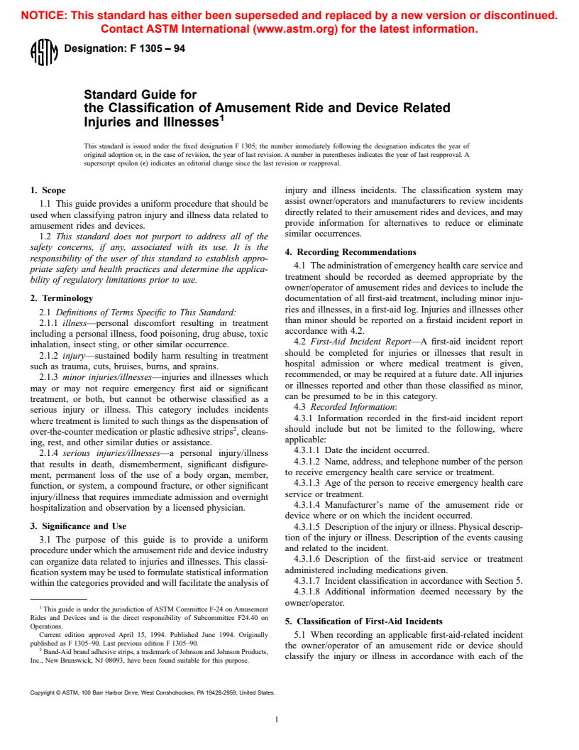 ASTM F1305-94 - Standard Guide for Classification of Amusement Ride and Device Related Injuries and Illnesses