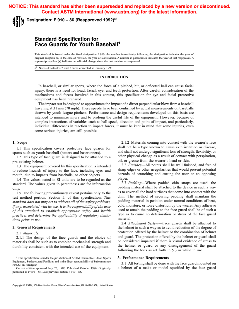 ASTM F910-86(1992)e1 - Standard Specification for Face Guards for Youth Baseball