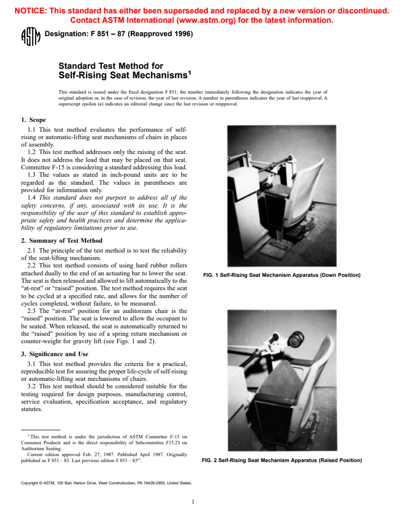 ASTM F851-87(1996) - Standard Test Method for Self-Rising Seat Mechanisms