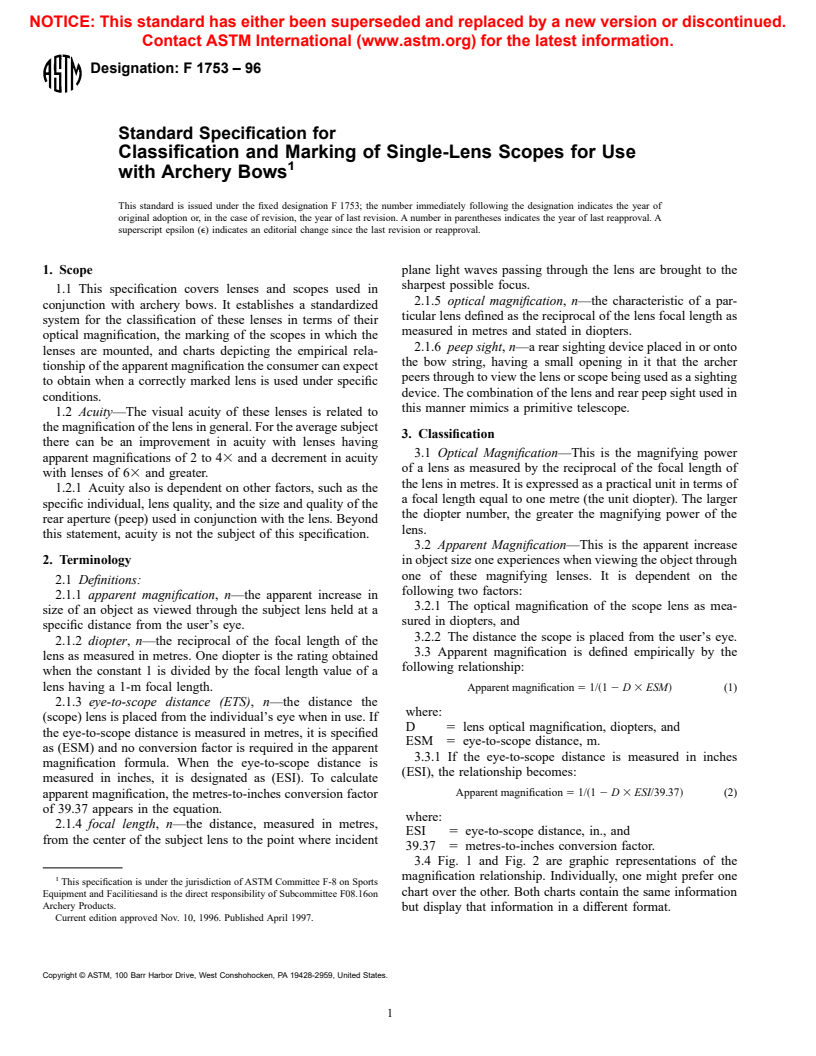 ASTM F1753-96 - Standard Specification for Classification and Marking of Single-Lens Scopes for Use with Archery Bows