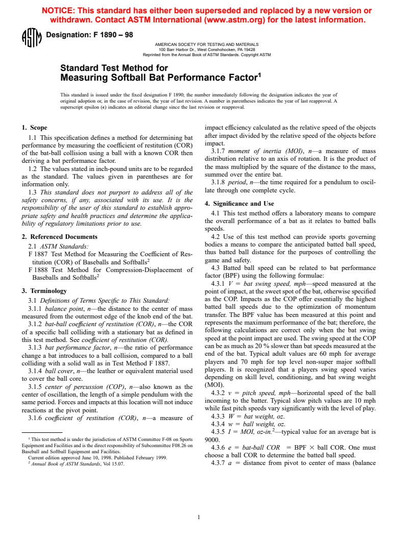 ASTM F1890-98 - Standard Test Method for Measuring Softball Bat Performance Factor