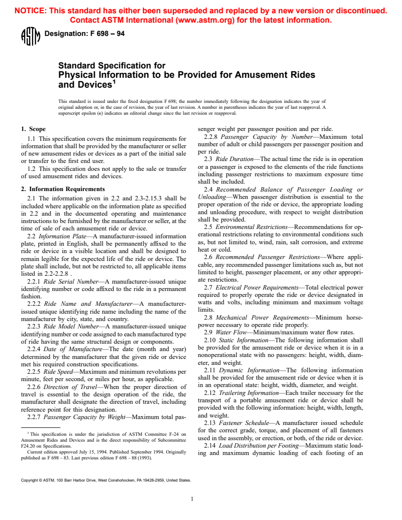 ASTM F698-94 - Standard Specification for Physical Information to be Provided for Amusement Rides and Devices