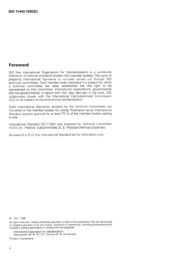 ISO 11443:1995 ISO 11443:1995 - Plastics -- Determination of the fluidity of plastics using capillary and slit-die rheometers - Page 2 preview