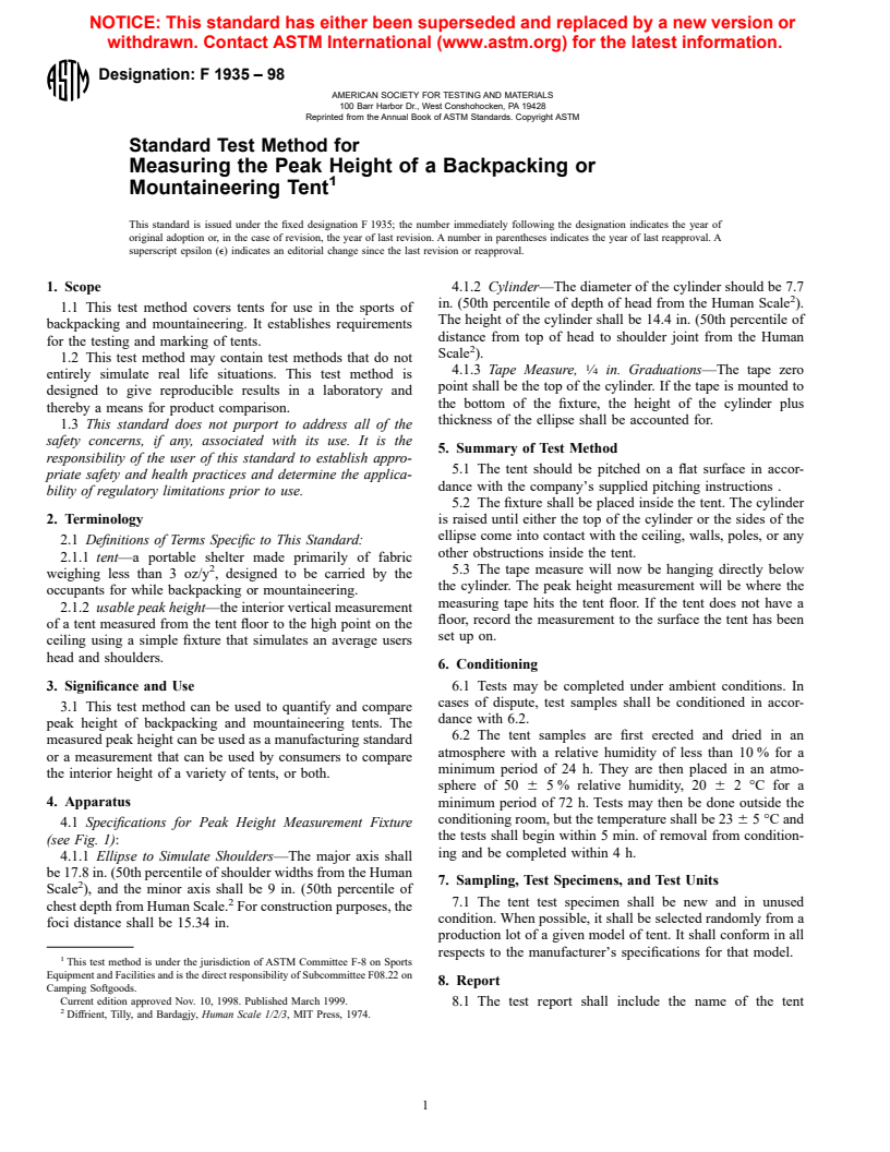 ASTM F1935-98 - Standard Test Method for Measuring the Headroom of a Backpacking or Mountaineering Tent