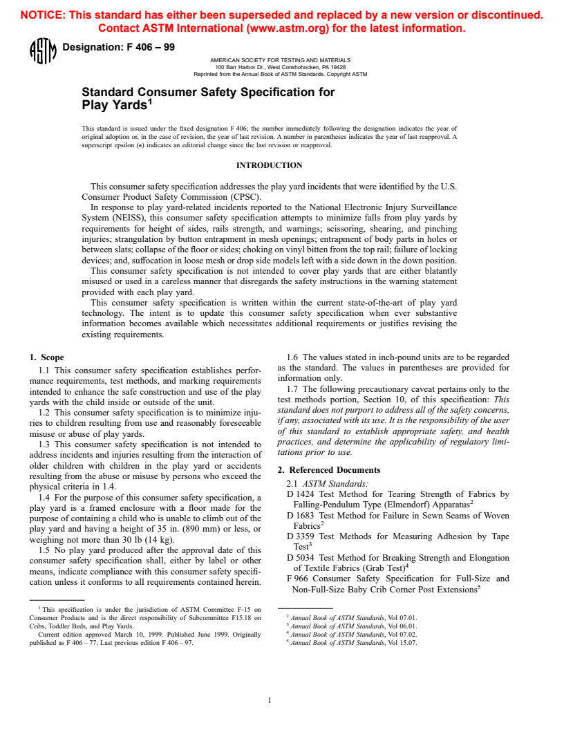 ASTM F406-99 - Standard Consumer Safety Specification for Non-Full-Size Baby Cribs/Play Yards