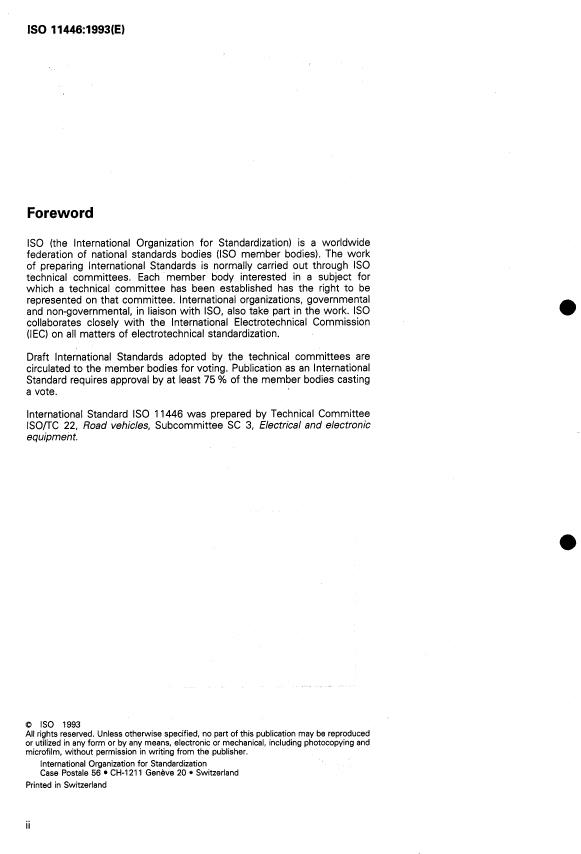 ISO 11446:1993 ISO 11446:1993 - Passenger cars and light commercial vehicles with 12 V systems -- 13-pole connectors between towing vehicles and trailers -- Dimensions and contact allocation - Page 2 preview