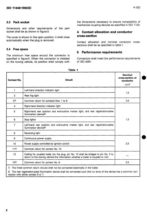 ISO 11446:1993 ISO 11446:1993 - Passenger cars and light commercial vehicles with 12 V systems -- 13-pole connectors between towing vehicles and trailers -- Dimensions and contact allocation - Page 4 preview