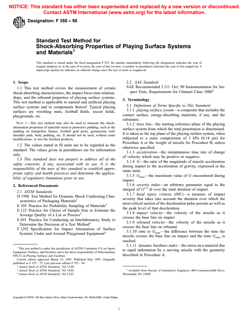ASTM F355-95 - Standard Test Method for Shock-Absorbing Properties of Playing Surface Systems and Materials