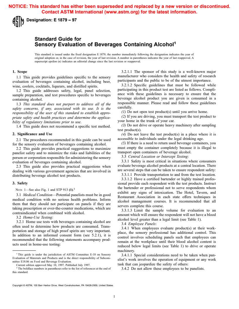 ASTM E1879-97 - Standard Guide for Sensory Evaluation of Beverages Containing Alcohol