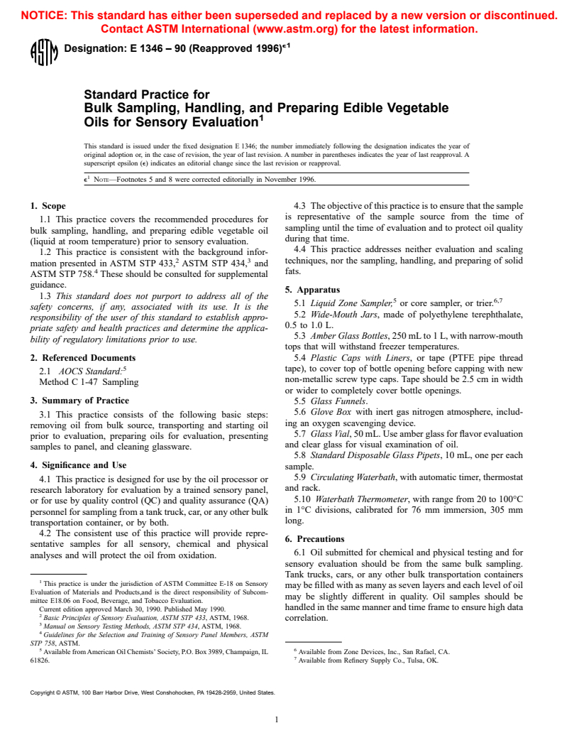 ASTM E1346-90(1996)e1 - Standard Practice for Bulk Sampling, Handling, and Preparing Edible Vegetable Oils for Sensory Evaluation