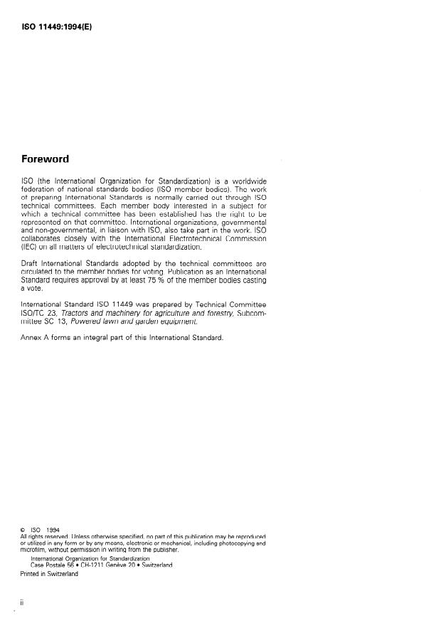 ISO 11449:1994 ISO 11449:1994 - Walk-behind powered rotary tillers -- Definitions, safety requirements and test procedures - Page 2 preview