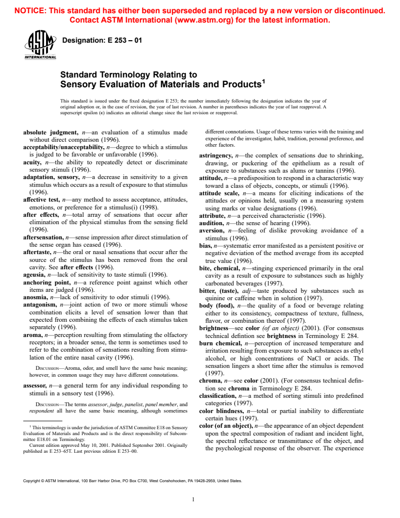 ASTM E253-01 - Standard Terminology Relating to Sensory Evaluation of Materials and Products