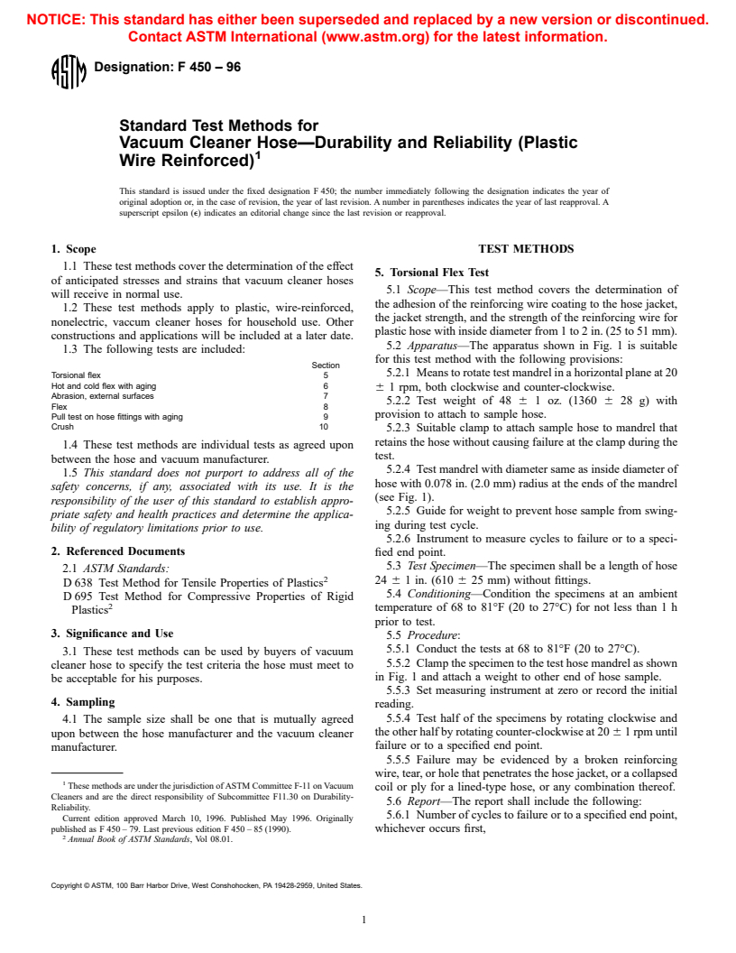 ASTM F450-96 - Standard Test Methods for Vacuum Cleaner Hose&#8212;Durability and Reliability (Plastic Wire Reinforced)