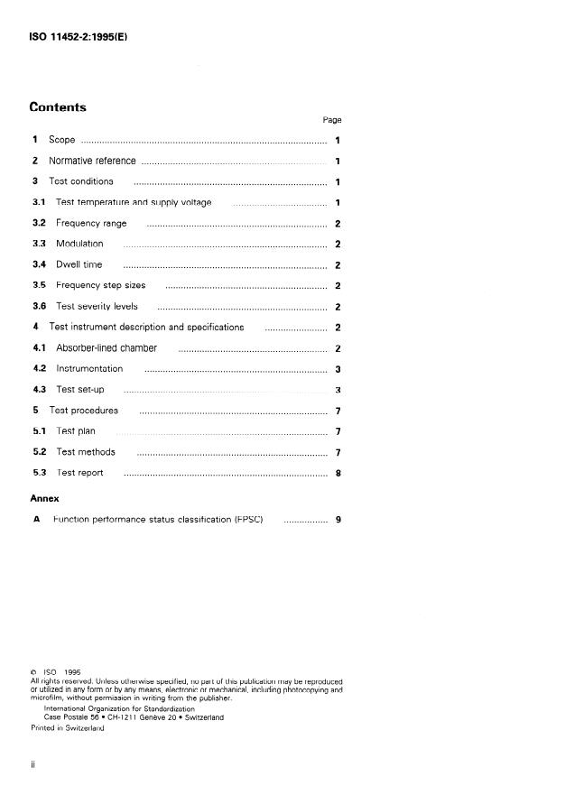 ISO 11452-2:1995 ISO 11452-2:1995 - Road vehicles -- Electrical disturbances by narrowband radiated electromagnetic energy -- Component test methods - Page 2 preview
