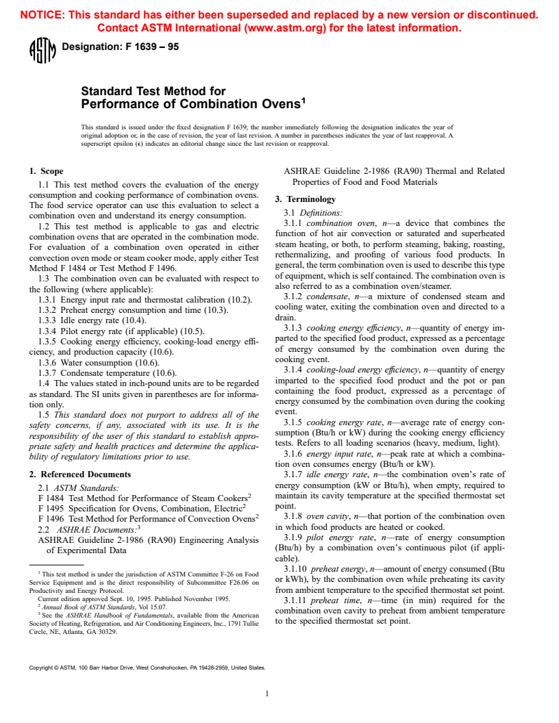 ASTM F1639-95 - Standard Test Method for Performance of Combination Ovens