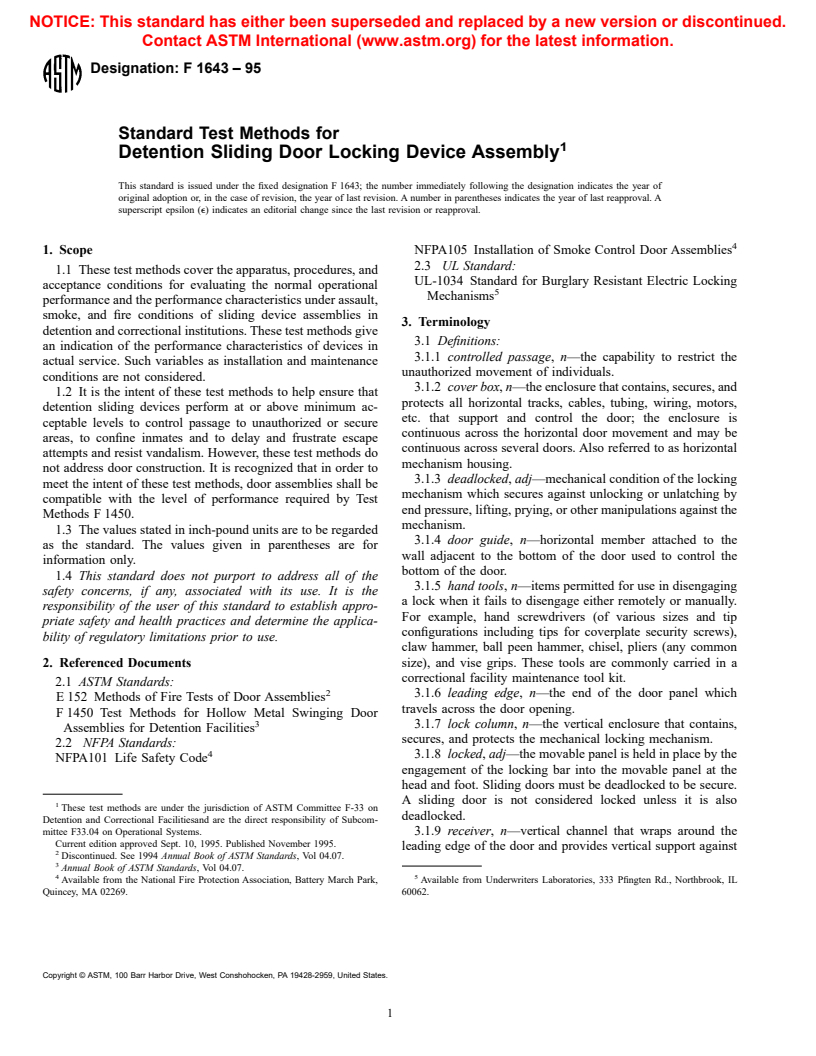 ASTM F1643-95 - Standard Test Methods for Detention Sliding Door Locking Device Assembly