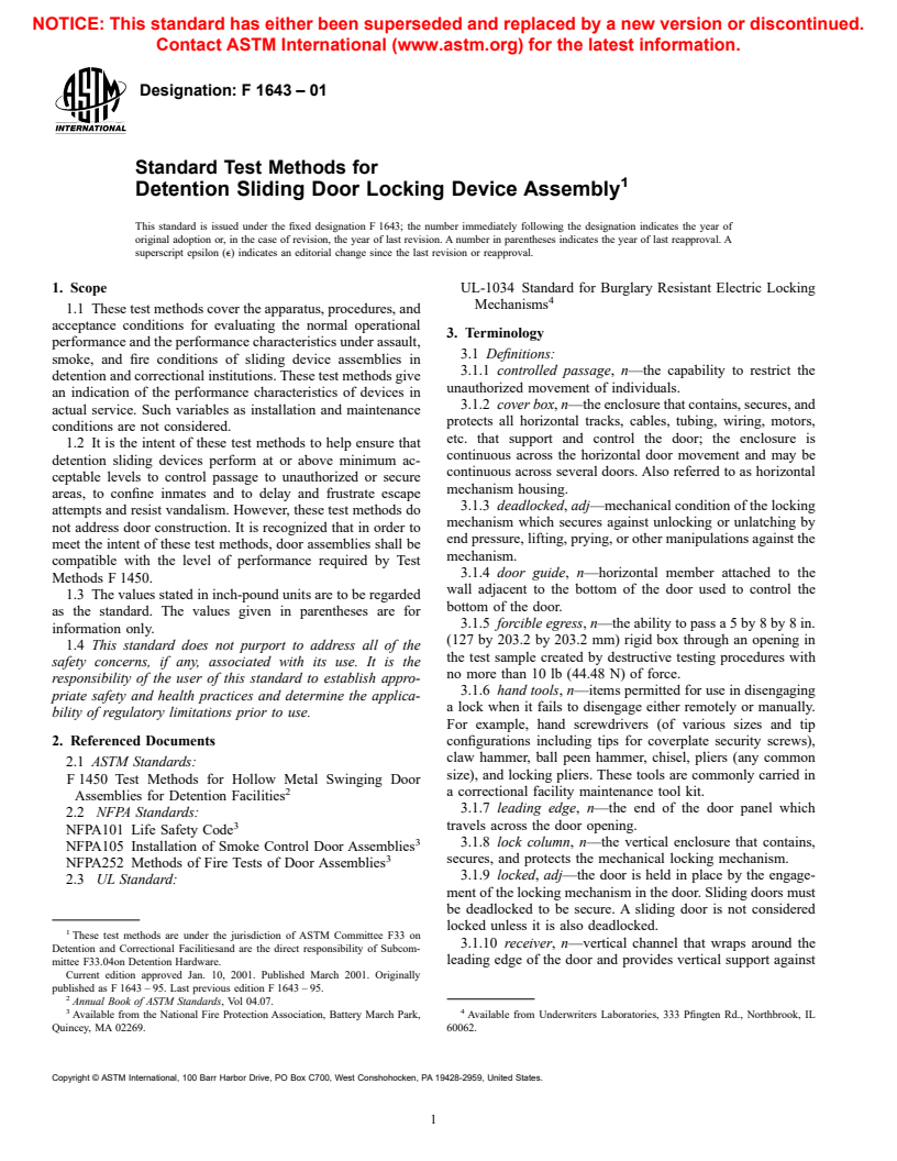 ASTM F1643-01 - Standard Test Methods for Detention Sliding Door Locking Device Assembly