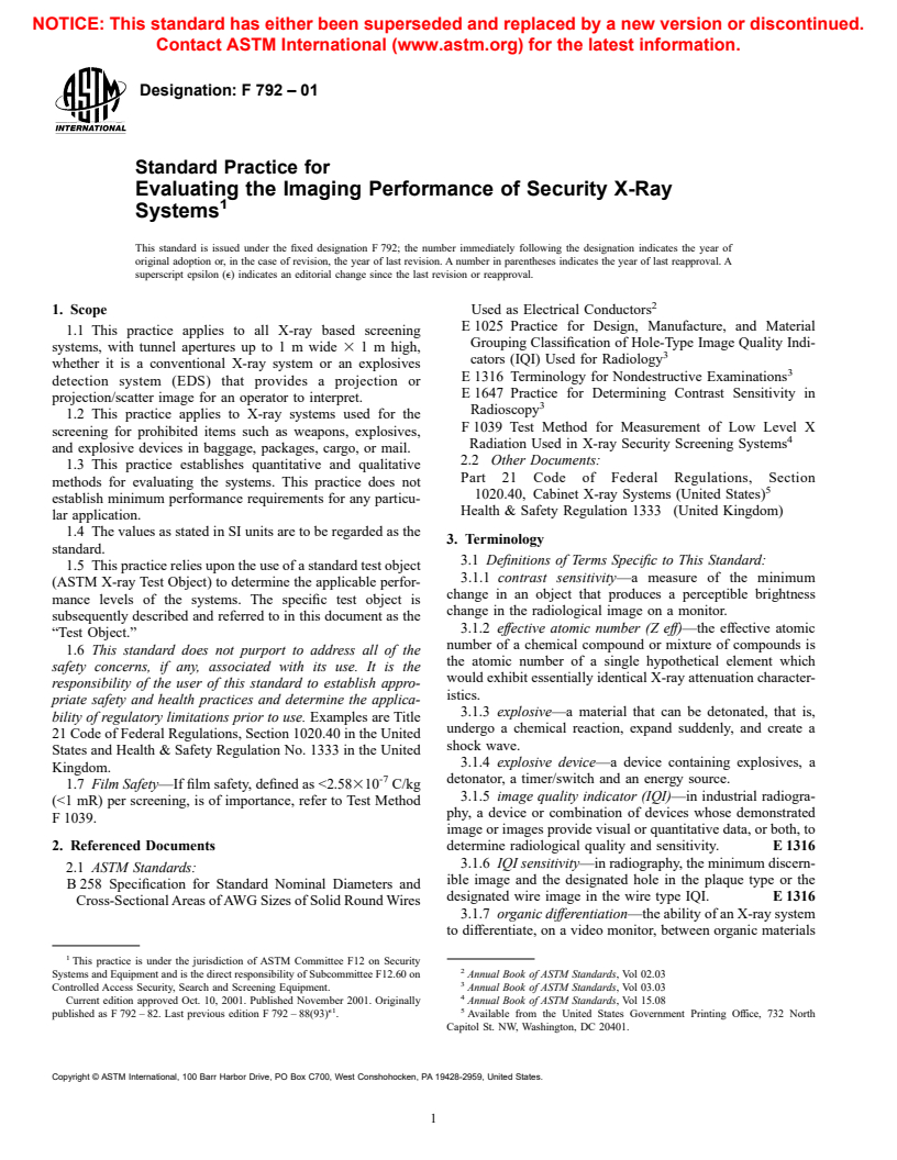 ASTM F792-01 - Standard Practice for Evaluating the Imaging Performance of Security X-Ray Systems