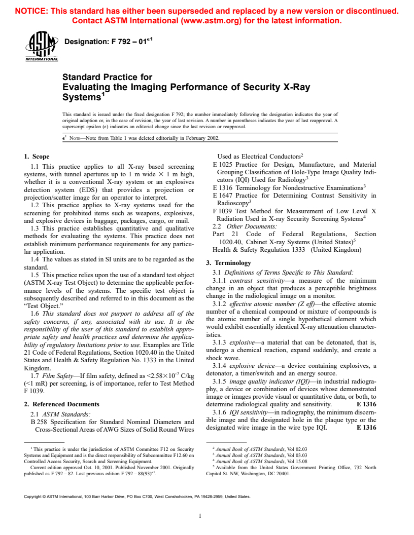 ASTM F792-01e1 - Standard Practice for Evaluating the Imaging Performance of Security X-Ray Systems